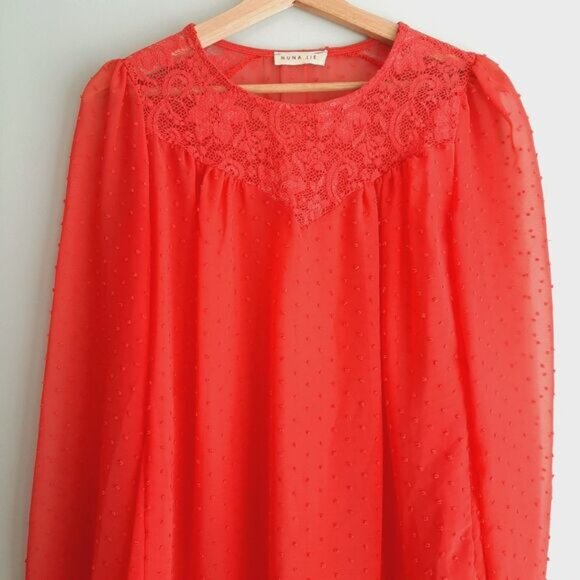 NUNA LIE Swiss Dot & Lace Semi-Sheer Lightweight Blouse Top Coal Red Sz S - Picture 3 of 12